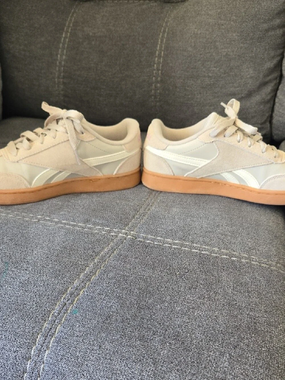 Reebok Gray Sneakers with Gum Sole and Pink Logo